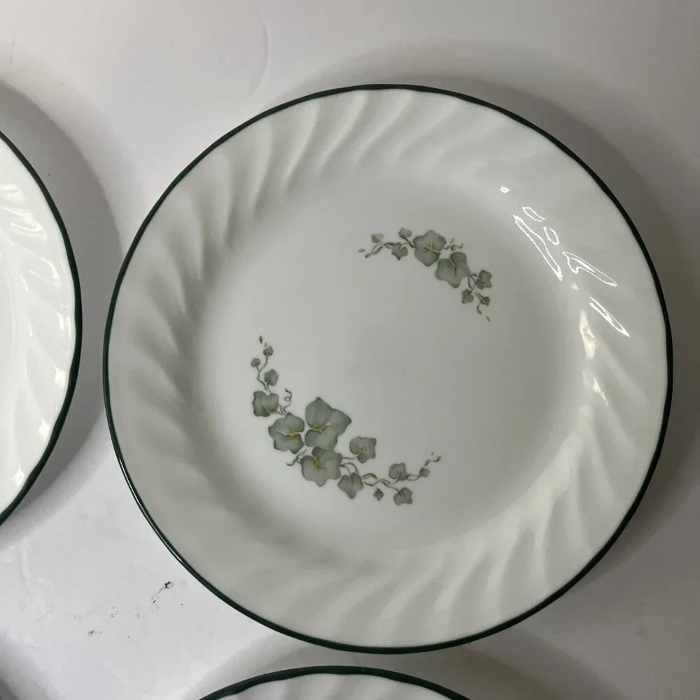 Corelle Callaway Ivy Bread Dessert 7.25” Plate Green Trim White Swirl - Set of 4